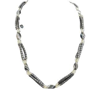 Hematite and Freshwater Pearl Necklace Multi Strand Slip On No Clasp